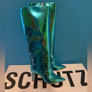 Schutz Mary Up Turquoise Metallic Leather Boots